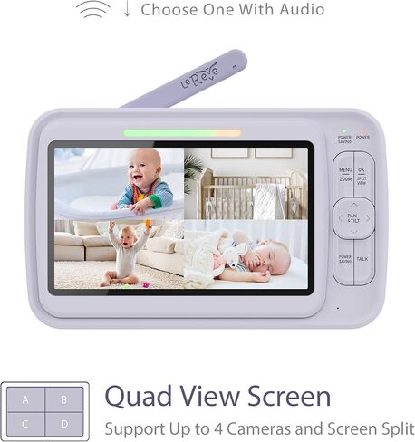 LEREVE 5" HD Low EMF Baby Monitor, Auto Noise Reduce, 2 Remote Pan Tilt Cameras, Lullaby, 2-Way Audio, ECO with Auto Voice Activation, Model: LeMove 60 in Kuwait