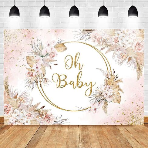 Mocsicka Boho Baby Shower Backdrop Oh Baby Bohemian Pampas Grass Blush Baby Shower Party Decorations Photo Backdrops Boho Floral Girl Baby Shower Photography Background (5x3ft) in Saudi Arabia