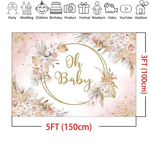 Mocsicka Boho Baby Shower Backdrop Oh Baby Bohemian Pampas Grass Blush Baby Shower Party Decorations Photo Backdrops Boho Floral Girl Baby Shower Photography Background (5x3ft) in Saudi Arabia