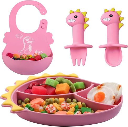 مجموعة تغذية الأطفال من كافونوي، لوحة شفط من السيليكون على شكل ديناصور مريلة ذاتية التغذية قابلة للتعديل، لوحة شفط للأطفال الصغار مع مجموعة مريلة قابلة للتعديل بشوكة ملعقة - ديناصورات زرقاء in Kuwait