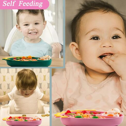 مجموعة تغذية الأطفال من كافونوي، لوحة شفط من السيليكون على شكل ديناصور مريلة ذاتية التغذية قابلة للتعديل، لوحة شفط للأطفال الصغار مع مجموعة مريلة قابلة للتعديل بشوكة ملعقة - ديناصورات زرقاء in Kuwait