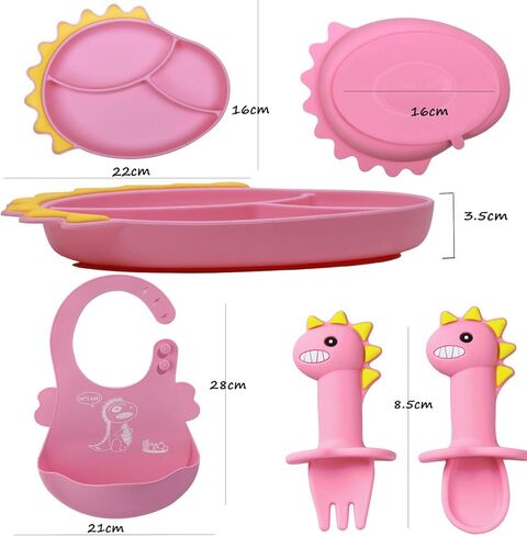 مجموعة تغذية الأطفال من كافونوي، لوحة شفط من السيليكون على شكل ديناصور مريلة ذاتية التغذية قابلة للتعديل، لوحة شفط للأطفال الصغار مع مجموعة مريلة قابلة للتعديل بشوكة ملعقة - ديناصورات زرقاء in Kuwait