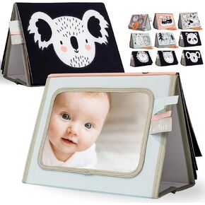 Soft Tummy Time Book with Large Stimulating Baby Safe Mirror - Fun High Contrast Montessori Toy w/ Mirror, Crinkle Paper & Silicone Teether - The Perfect Toy For Safe Early Newborn/Infant Development in Saudi Arabia