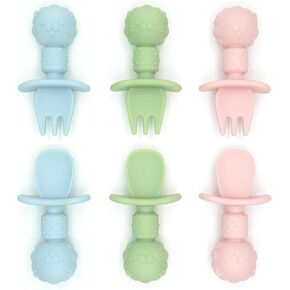 Silicone Baby Feeding Spoon and Fork Set l Baby Led Weaning, Toddler Self-Feeding & Training l First Stage Utensils for Infant and Parent l Anti-Choke Barrier, Soft-Tip l 6 months [6 Pack] in Kuwait