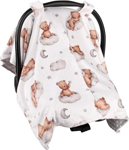 Top Tots Deluxe Minky Baby Car Seat Cover - Nighttime Bunnies, 40 x 29 Inch White in Saudi Arabia