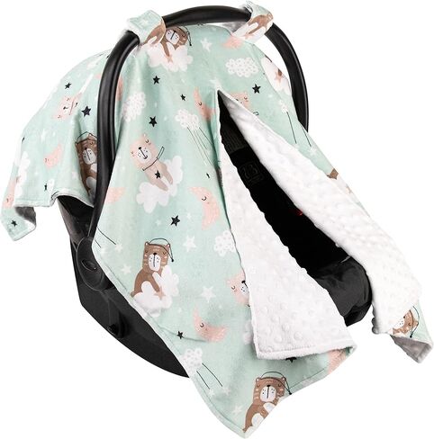 Top Tots Deluxe Minky Baby Car Seat Cover - Nighttime Bunnies, 40 x 29 Inch White in Saudi Arabia