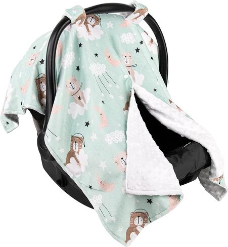 Top Tots Deluxe Minky Baby Car Seat Cover - Nighttime Bunnies, 40 x 29 Inch White in Saudi Arabia