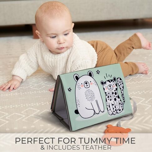 Soft Tummy Time Book with Large Stimulating Baby Safe Mirror - Fun High Contrast Montessori Toy w/ Mirror, Crinkle Paper & Silicone Teether - The Perfect Toy For Safe Early Newborn/Infant Development in Saudi Arabia