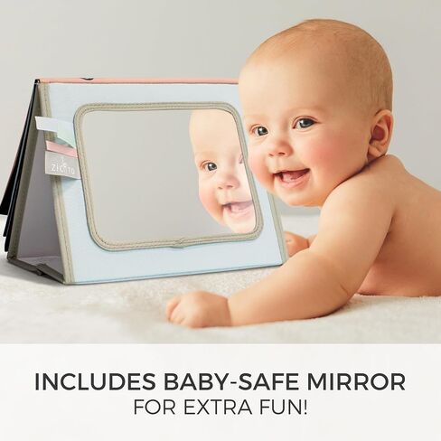 Soft Tummy Time Book with Large Stimulating Baby Safe Mirror - Fun High Contrast Montessori Toy w/ Mirror, Crinkle Paper & Silicone Teether - The Perfect Toy For Safe Early Newborn/Infant Development in Saudi Arabia