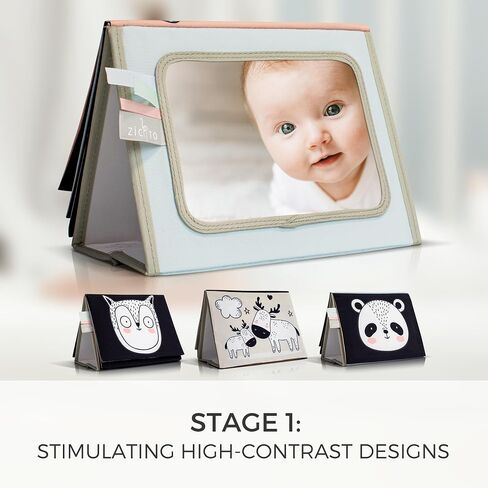 Soft Tummy Time Book with Large Stimulating Baby Safe Mirror - Fun High Contrast Montessori Toy w/ Mirror, Crinkle Paper & Silicone Teether - The Perfect Toy For Safe Early Newborn/Infant Development in Saudi Arabia