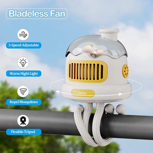MainPi Portable Stroller Fan,Rechargeable Fan with Night Light,Bladeless Stroller Fan Clip On for Baby with Flexible Tripod,Handheld Mini Personal Fan for Travel,Car Seat,Crib and Camping in Saudi Arabia