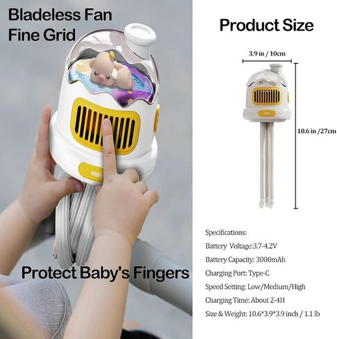 MainPi Portable Stroller Fan,Rechargeable Fan with Night Light,Bladeless Stroller Fan Clip On for Baby with Flexible Tripod,Handheld Mini Personal Fan for Travel,Car Seat,Crib and Camping in Saudi Arabia