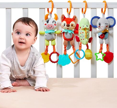 TUMAMA 4 Pack Baby Toys for 0 3 6 9 12 Months, Hanging Crib Toys for Newborn Infant Development, Car Seat Stroller Soft Plush Rattles Toy for Babies in Saudi Arabia