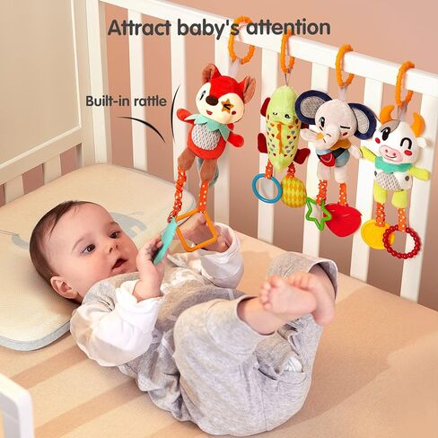 TUMAMA 4 Pack Baby Toys for 0 3 6 9 12 Months, Hanging Crib Toys for Newborn Infant Development, Car Seat Stroller Soft Plush Rattles Toy for Babies in Saudi Arabia