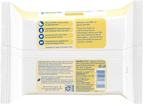 Johnson's Hand & Face Baby Sanitizing Cleansing Wipes for Travel and On-the-Go, No More Tears Formula, Paraben and Alcohol Free, 25 ct (Pack of 4) in Saudi Arabia
