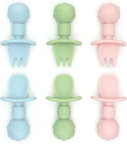 Silicone Baby Feeding Spoon and Fork Set l Baby Led Weaning, Toddler Self-Feeding & Training l First Stage Utensils for Infant and Parent l Anti-Choke Barrier, Soft-Tip l 6 months [6 Pack] in Kuwait