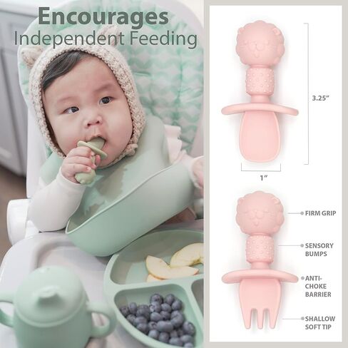 Silicone Baby Feeding Spoon and Fork Set l Baby Led Weaning, Toddler Self-Feeding & Training l First Stage Utensils for Infant and Parent l Anti-Choke Barrier, Soft-Tip l 6 months [6 Pack] in Kuwait