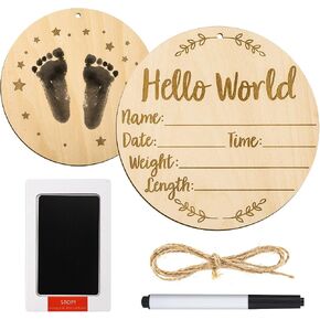 Baby Announcement Sign, 5.9 Inch Round Birth Nursery Name Signs with Ink Pad for Baby Hand and Footprints Wooden Hello World Newborn Sign for Photo Prop in Kuwait