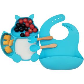 Silione Baby Feeding Set Including Baby Suction Plate/Todder Plates For Self Feeding Training With Divided Design/Soft spoon/Fork/Adjustable Bib Toddler Dish Kit(Blue) in Kuwait