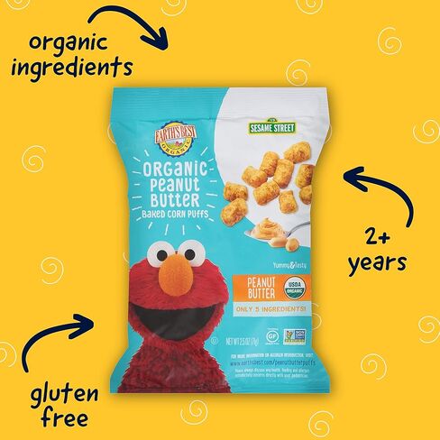 أفضل الوجبات الخفيفة العضوية للأطفال من Earth's Best، وجبات خفيفة للأطفال الصغار من Sesame Street، نفث الذرة المخبوزة بزبدة الفول السوداني العضوية، وجبات خفيفة خالية من الغلوتين للأطفال بعمر عامين فما فوق، كيس 2.5 أونصة (عبوة من 6) in Saudi Arabia