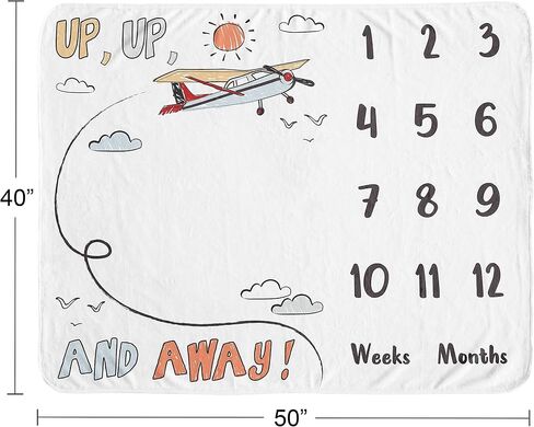 سويت جوجو ديزاينز Vintage Airplane Boy Milestone بطانية شهرية لحديثي الولادة للعام الأول للاحتفال بالطفل هدية تذكارية - رمادي أصفر برتقالي أحمر أبيض أزرق سحابة النقل in Saudi Arabia