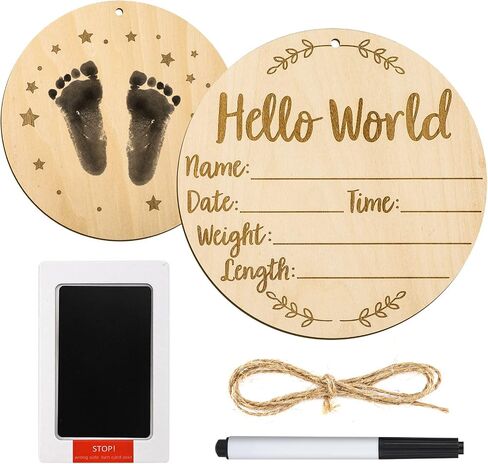 Baby Announcement Sign, 5.9 Inch  Round Baby Nursery Name Signs with Ink Pad for Baby Hand and Footprints Wooden Hello World Newborn Sign for Photo Prop in Saudi Arabia