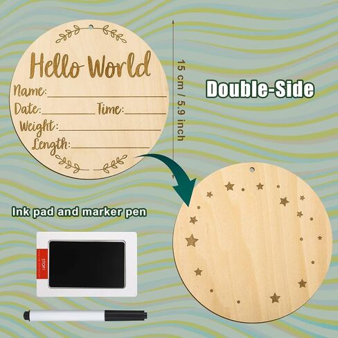 Baby Announcement Sign, 5.9 Inch  Round Baby Nursery Name Signs with Ink Pad for Baby Hand and Footprints Wooden Hello World Newborn Sign for Photo Prop in Saudi Arabia