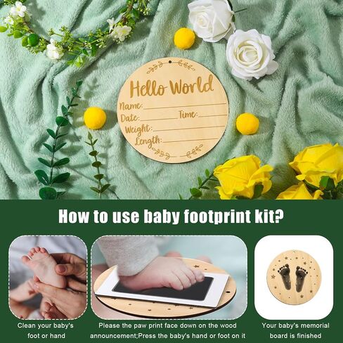 Baby Announcement Sign, 5.9 Inch  Round Baby Nursery Name Signs with Ink Pad for Baby Hand and Footprints Wooden Hello World Newborn Sign for Photo Prop in Saudi Arabia