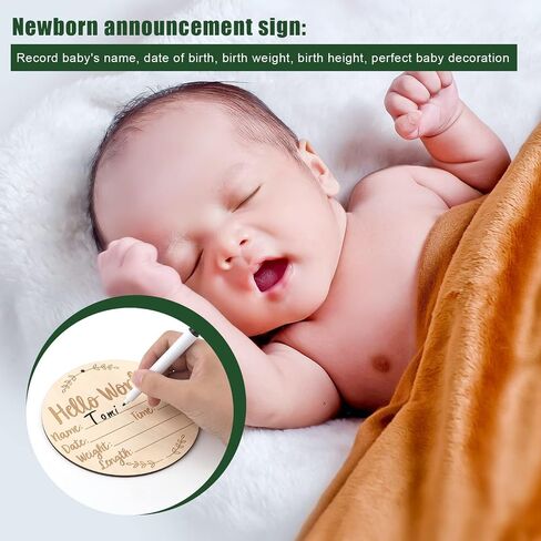 Baby Announcement Sign, 5.9 Inch  Round Baby Nursery Name Signs with Ink Pad for Baby Hand and Footprints Wooden Hello World Newborn Sign for Photo Prop in Saudi Arabia