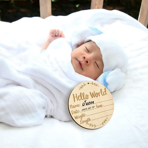 Baby Announcement Sign, 5.9 Inch  Round Baby Nursery Name Signs with Ink Pad for Baby Hand and Footprints Wooden Hello World Newborn Sign for Photo Prop in Saudi Arabia
