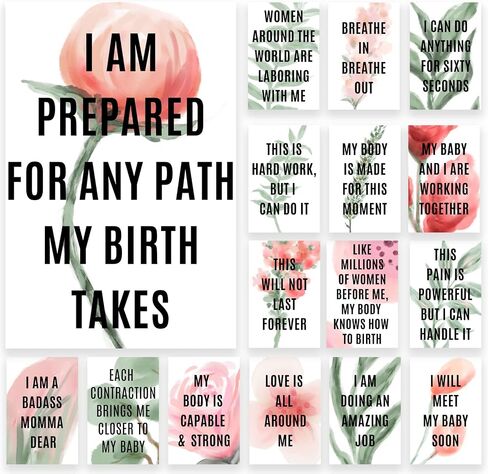 16 Birth Affirmation Cards - 4 x 6-inch Greenery Affirmation Cards for Women - Premium Positive Hypnobirthing Mantra Cards for Laboring Mother Deck for Pregnant Moms, Baby Shower Gifts and Labor in Kuwait