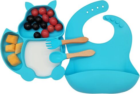 Silione Baby Feeding Set Including Baby Suction Plate/Todder Plates For Self Feeding Training With Divided Design/Soft spoon/Fork/Adjustable Bib Toddler Dish Kit(Blue) in Kuwait