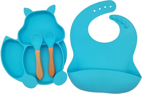 Silione Baby Feeding Set Including Baby Suction Plate/Todder Plates For Self Feeding Training With Divided Design/Soft spoon/Fork/Adjustable Bib Toddler Dish Kit(Blue) in Kuwait