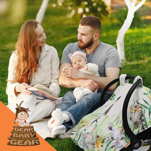 Dear Baby Gear Car Seat Canopy - Premium Infant Car Seat Cover - Maximum Protection/Style - Breathable Car Seat Canopy for Boys - Watercolor Elephant Safari Jungle Print/Custom Print - 40"x30" in Kuwait