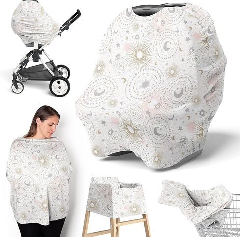 Sweet Jojo Designs Star and Moon Girl Infant Baby Car Seat Cover Nursing Breastfeeding Shopping Cart Stroller Canopy - Blush Pink Gold and Grey Celestial Sky Stars Shabby Chic in Kuwait