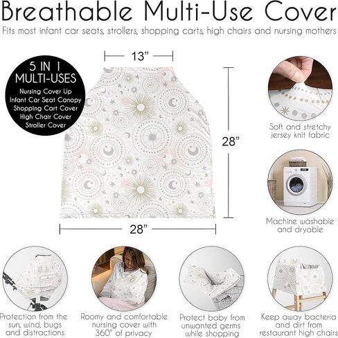 Sweet Jojo Designs Star and Moon Girl Infant Baby Car Seat Cover Nursing Breastfeeding Shopping Cart Stroller Canopy - Blush Pink Gold and Grey Celestial Sky Stars Shabby Chic in Kuwait