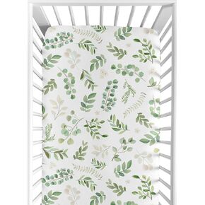 Sweet Jojo Designs Floral Leaf Girl Fitted Crib Sheet Baby or Toddler Bed Nursery - Green and White Boho Watercolor Botanical Woodland Tropical Garden in Saudi Arabia