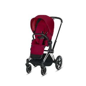 Cybex e-Priam Complete Stroller, Smart Assist Technology, Rocking Mode, One-Hand Compact Fold, Reversible Seat, Smooth Ride All-Wheel Suspension, True Red Seat with Chrome/Black Frame in Kuwait