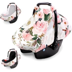 Car Seat Covers for Babies Girl Boy, Cozy Sun & Bug Cover, Infant Carseat Canopy Newborn Stroller Carrier Cover with Breathable Zipper Peep Window, Watercolor Pink Flower in Kuwait