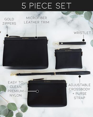 MIA + SOPHIA Diaper Bag Organizing Pouches 5 Piece Set - Baby Diaper Clutch, Crossbody Bag, Travel Diaper Bag Organizer Pouches - Black in Kuwait