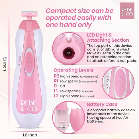 مبرد اظافر كهربائي للاطفال مع اضاءة LED للاطفال حديثي الولادة او البالغين، قصافة اظافر اساسية وآمنة، تتضمن حافظة ووسادات قص مختلفة. كيت باي ريبي اند كو in Kuwait
