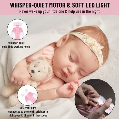 مبرد اظافر كهربائي للاطفال مع اضاءة LED للاطفال حديثي الولادة او البالغين، قصافة اظافر اساسية وآمنة، تتضمن حافظة ووسادات قص مختلفة. كيت باي ريبي اند كو in Kuwait