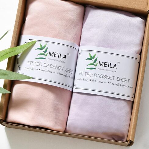 MEILA Bassinet Fitted Sheets Compatible with Dream On Me Lacy Portable 2-in-1 Bassinet, 100% Jersey Cotton Beside Bassinet Sheet for Baby Girl, Pack of 2, 30x18 (Beige+Grapefruit) in Saudi Arabia