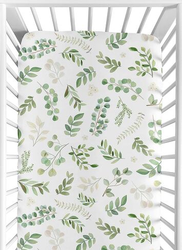 Sweet Jojo Designs Floral Leaf Girl Fitted Crib Sheet Baby or Toddler Bed Nursery - Green and White Boho Watercolor Botanical Woodland Tropical Garden in Saudi Arabia