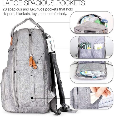 TETHYS Diaper Bag Backpack [Multifunction Waterproof Travel Back Pack] Maternity Baby Nappy Changing Bag Ideal for Mom and Dad, Large Capacity and Stylish Organizer for Baby Care - Gray in Kuwait