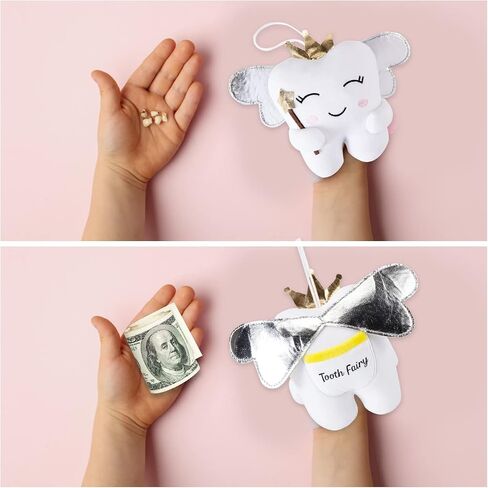 Tooth Fairy Pillow with Shiny Wings Embroidered Tooth Fairy Doll with Pocket Crystal Velvet Tooth Fairy Souvenir Boy Girl Gift (White) (Second Edition) in Saudi Arabia