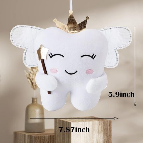 Tooth Fairy Pillow with Shiny Wings Embroidered Tooth Fairy Doll with Pocket Crystal Velvet Tooth Fairy Souvenir Boy Girl Gift (White) (Second Edition) in Saudi Arabia