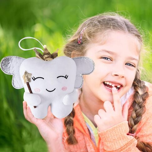 Tooth Fairy Pillow with Shiny Wings Embroidered Tooth Fairy Doll with Pocket Crystal Velvet Tooth Fairy Souvenir Boy Girl Gift (White) (Second Edition) in Saudi Arabia