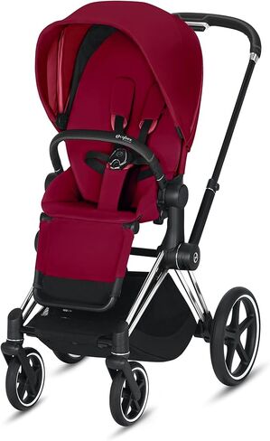 Cybex e-Priam Complete Stroller, Smart Assist Technology, Rocking Mode, One-Hand Compact Fold, Reversible Seat, Smooth Ride All-Wheel Suspension, True Red Seat with Chrome/Black Frame in Saudi Arabia