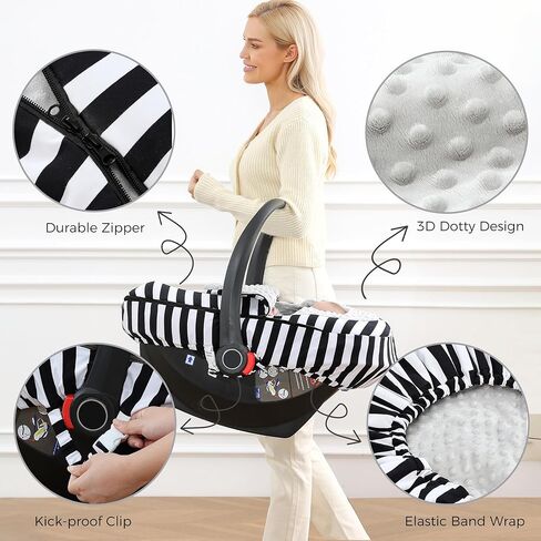 غطاء مقعد سيارة للأطفال من ATOROBROS، غطاء مقعد سيارة مقاوم للشتاء للرضع للتدفئة، قطن فائق النعومة وغطاء مينكي ثلاثي الأبعاد لعربة الأطفال ومقعد السيارة، شريط رمادي وأبيض in Kuwait